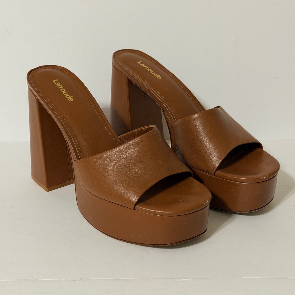 Larroude Dolly Mule Platform Sandal Brown Leather Block Heel Womens Size 9